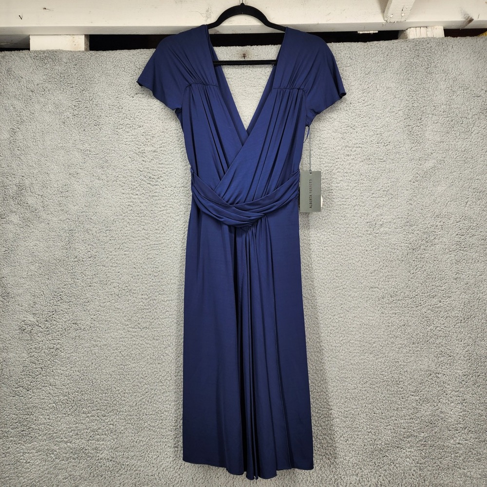 Alberta Ferretti Navy Blue Draped V-Neck Midi Dress USA 4‎ Italy 40 NWT $1400